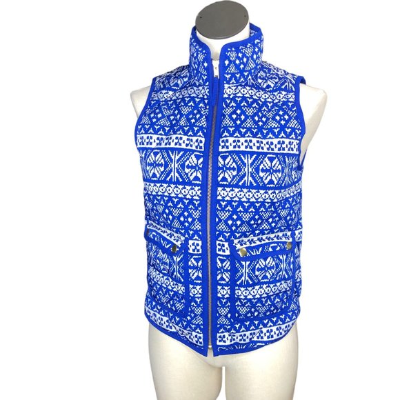 J Crew Puffy Winter Vest Womens PXS Blue White Pockets Fair Isle Excursion Outer - Picture 1 of 15